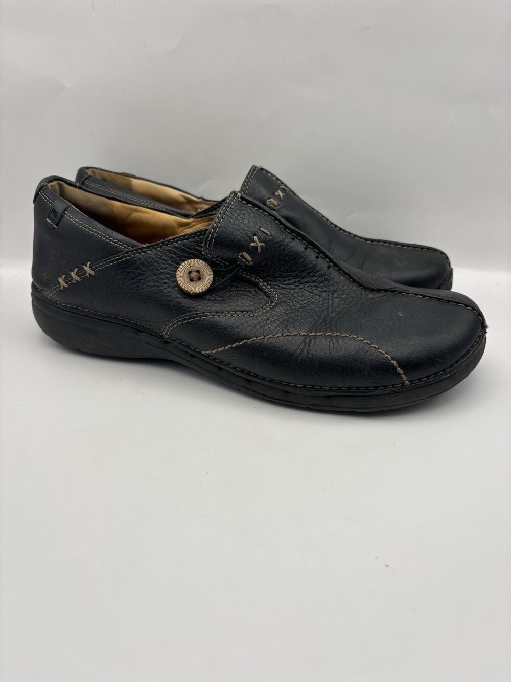 Clarks Unstructured Unloop Black Leather Slip On Shoes Women Size 10